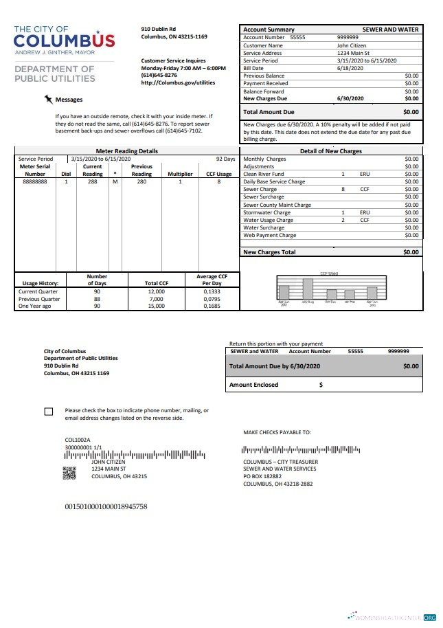 download download USA Ohio City of Columbus utility bill template in Word and PDF format PDF template PDF template